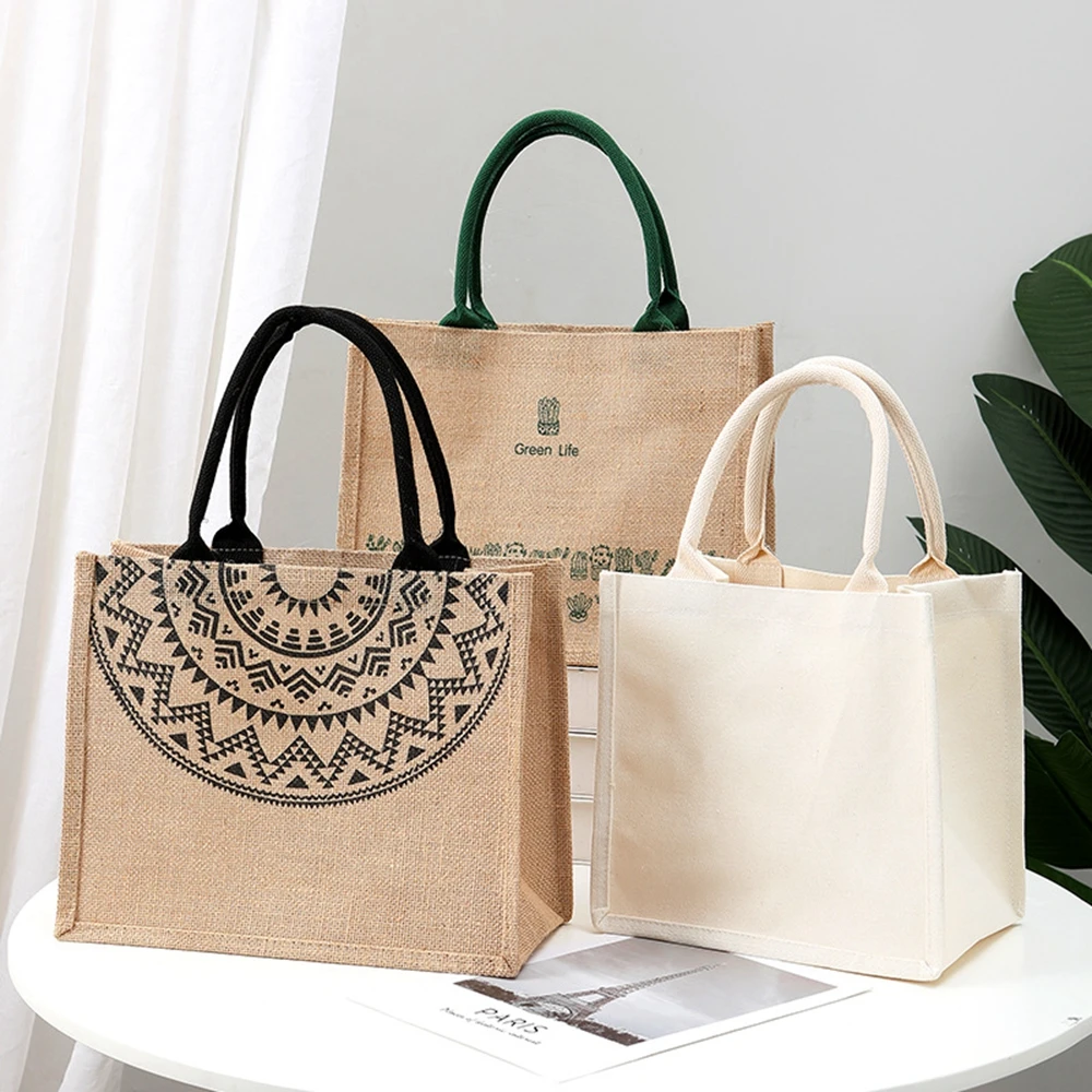 Waterproof Burlap Jute Shopping Handbag Loop DIY Linen Hand Drawn Cotton Sacks Reusable Tote Grocery Bags for Women Girls