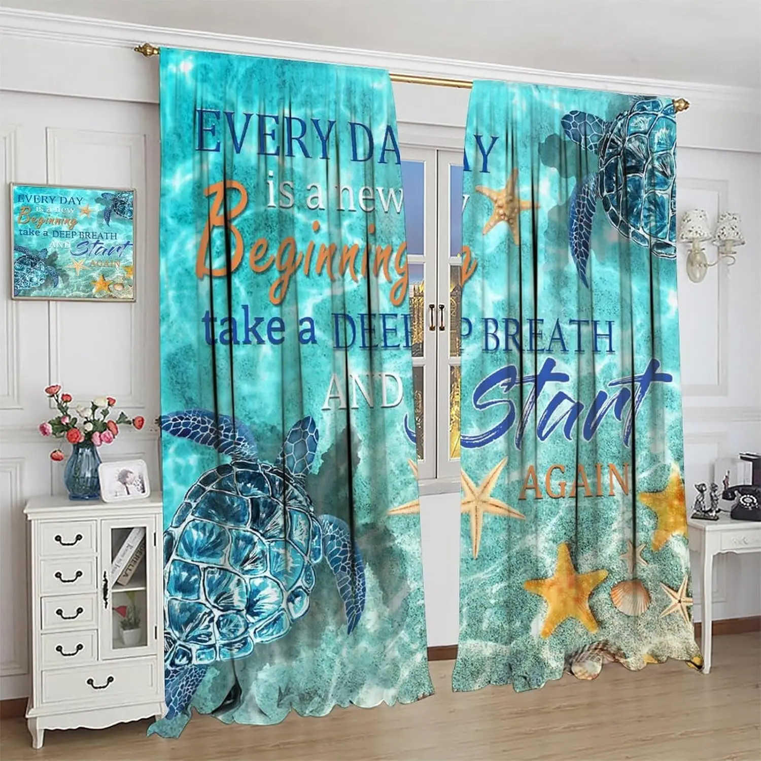 Turtle Nautical Curtains for Kitchen,Blue Ocean Starfish Seashells Inspirational Quotes Nautical Animals Window Treatments Print