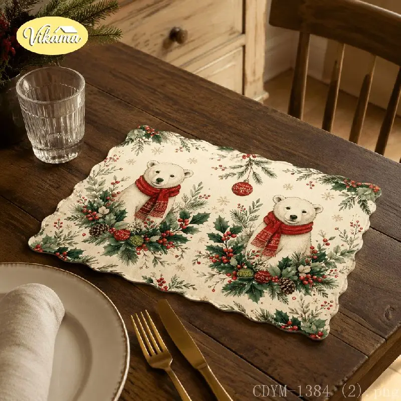 VIKAMA Christmas Polar Bear Vintage Truck Placemat Tree Table Mat Dining Kitchen Holiday Home Decor Aesthetic Art Large Premium