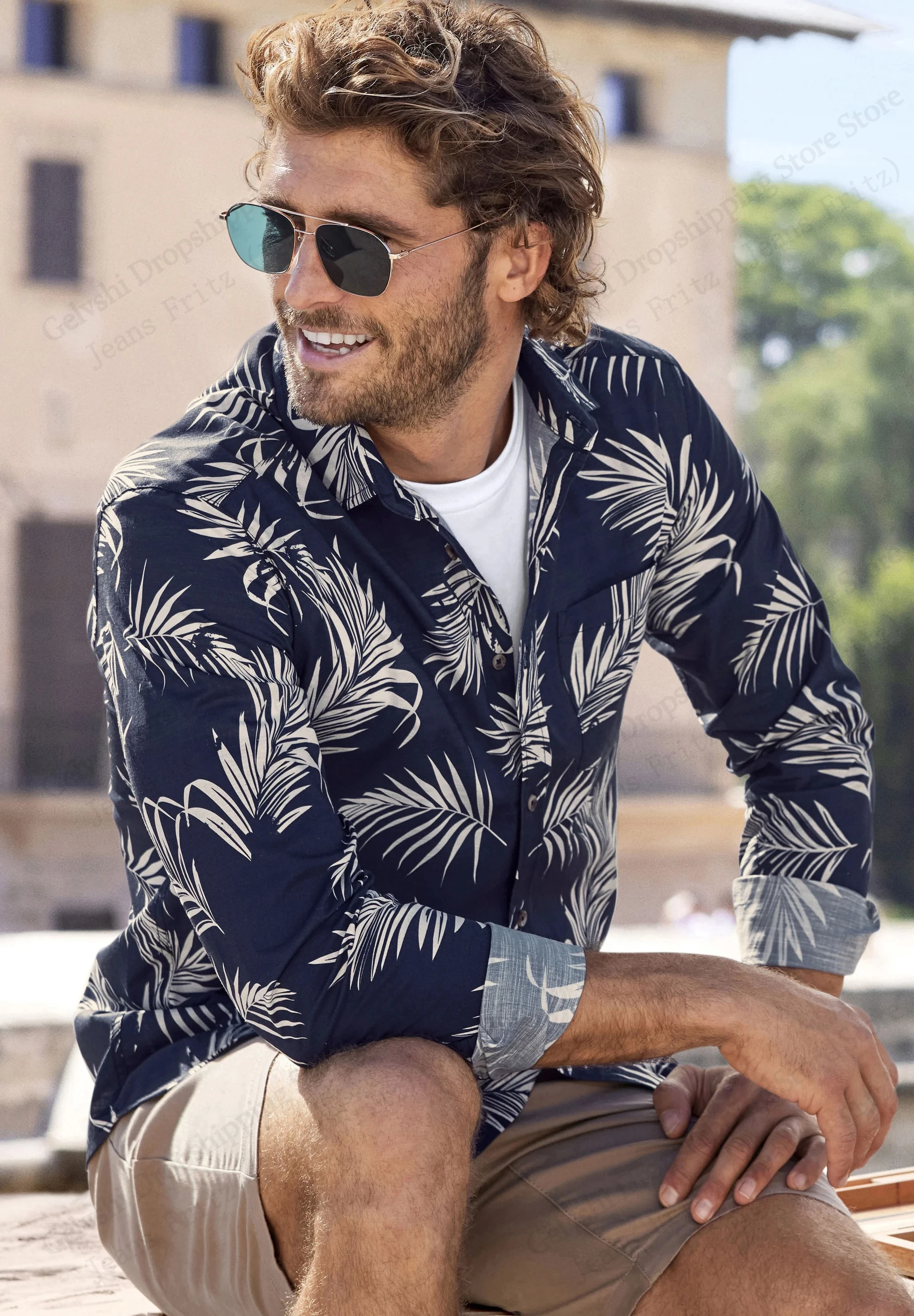 

Men Long Sleeve Hawaiian Shirt Leaf Floral Pattern Print Shirt Men Women Fashion Casual Button Lapel Shirts Beach Blouse Holiday