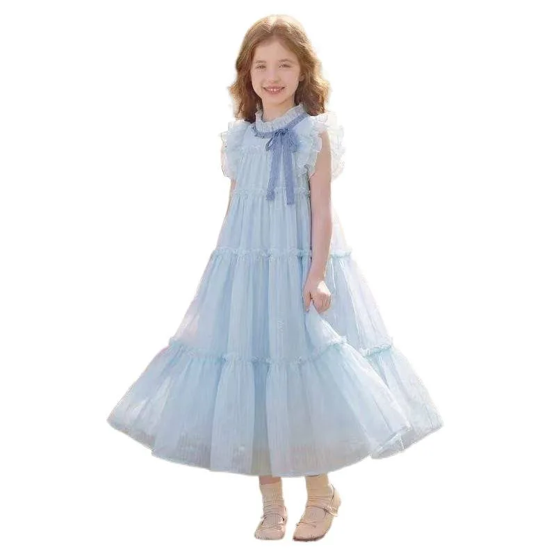 2026 Summer Sleeveless Bow Student Kid Party Mesh Princess Girls Mid Long Teenager Sky Maxi Dress Layered 4 8 10 12 14 Years