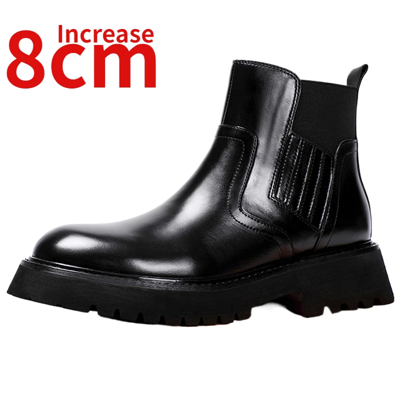 British Style Design Chelsea Boots Shoes for Men's Increased 6-8cm Thick Bottom Genuine Leather Hand Sewn Breathable Short Boots