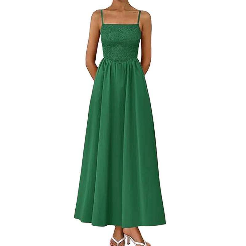【SEE】 Abiti lunghi estivi da donna Vestito estivo da spiaggia Casual con cinturino per spaghetti Smocked Swing A Line Abito lungo e fluido
