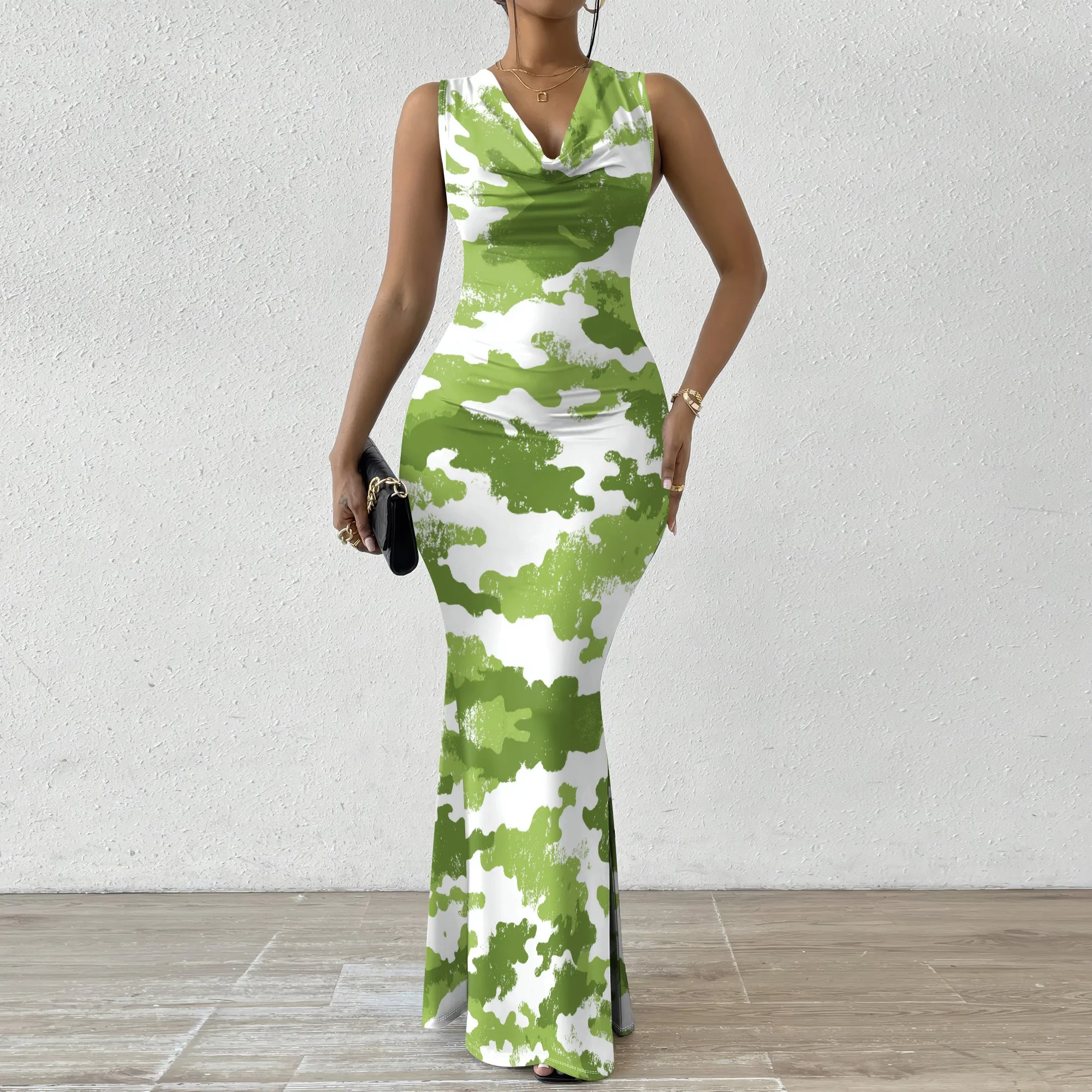 

Green Camo Print Bodycon Maxi Dress XS-2XL Sleeveless Cowl Neck Slim Fit for Summer Vacation, Party or Nightclub Look