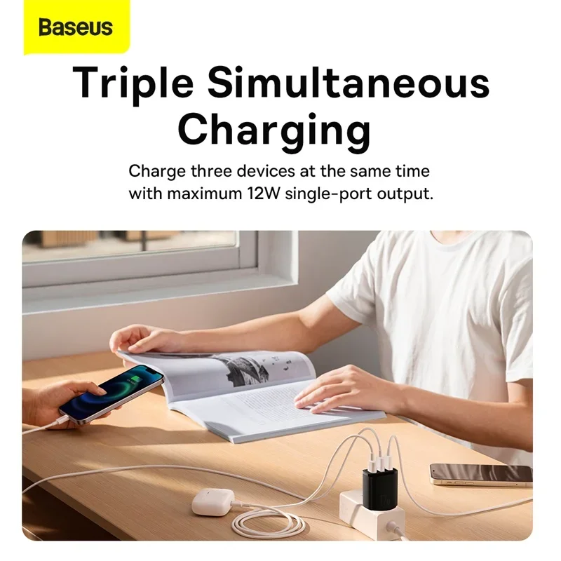 Baseus Compact Charger 3U 17W EU Charger Universal Portable 3Ports Travel Wall Adapter Portable Safe Charging for IPhone Samsung