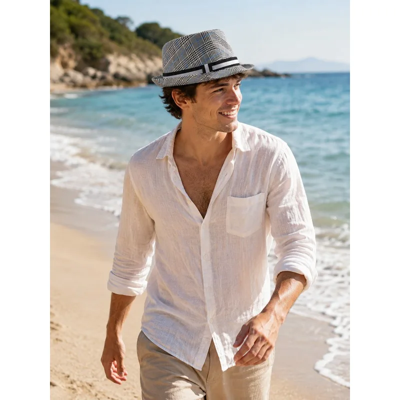 Men Summer Short Brim Sun Hat Plaid Jazz Fedora Women British Round Crown Bowler Cap