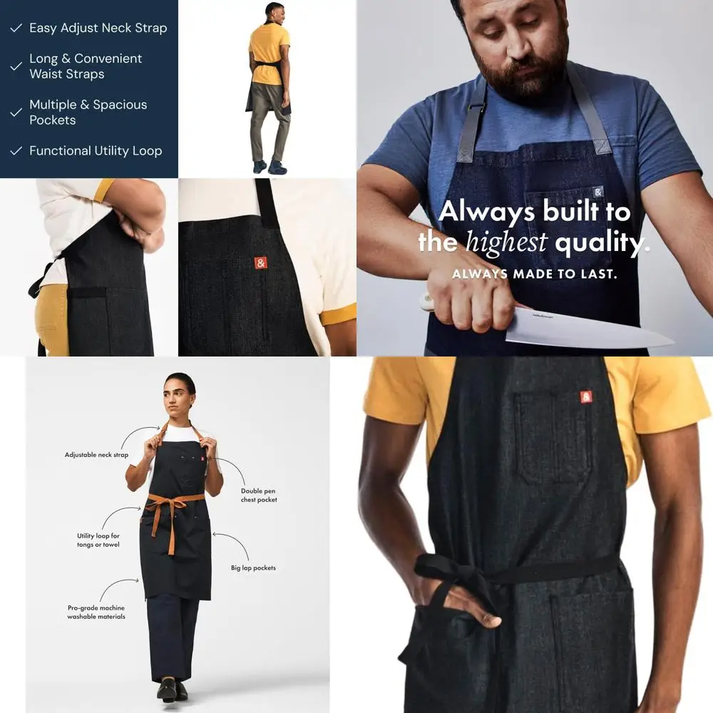 

Профессиональный джинсовый фартук шеф-повара с карманами и петлей для полотенец — прочная кухонная одежда для приготовления пищи и гриля — морское ушко