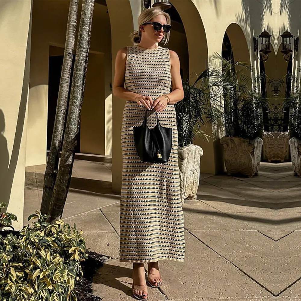 

Ladies Vintage Striped Long Summer Dress Women Elegant Sleeveless High Waist Patchwork Outfits Maxi Knit Beach Dress Female