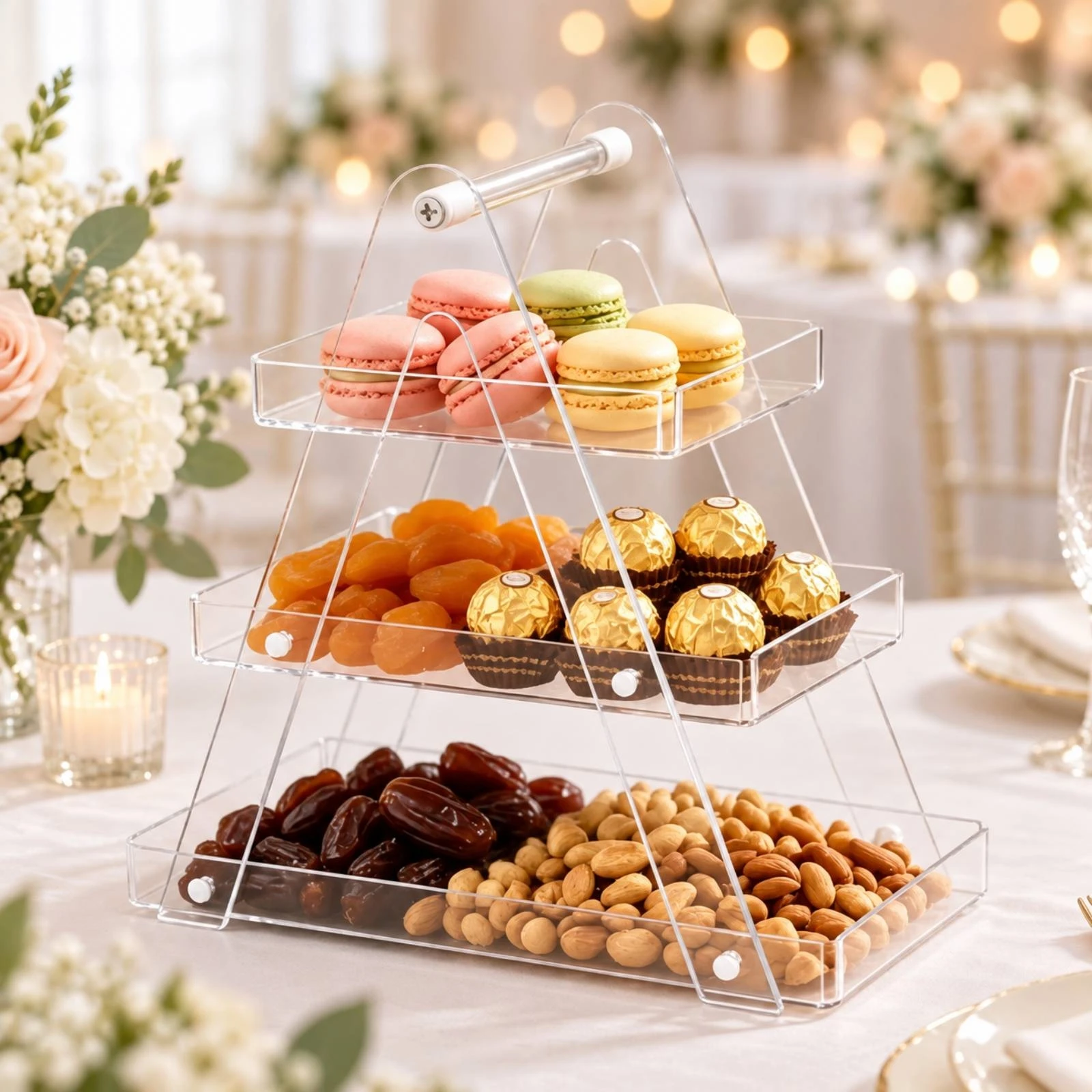 Présentoir à desserts à plusieurs niveaux avec plateaux rectangulaires, facile à assembler, présentoir à desserts à trois étages, idéal pour les fêtes et les mariages