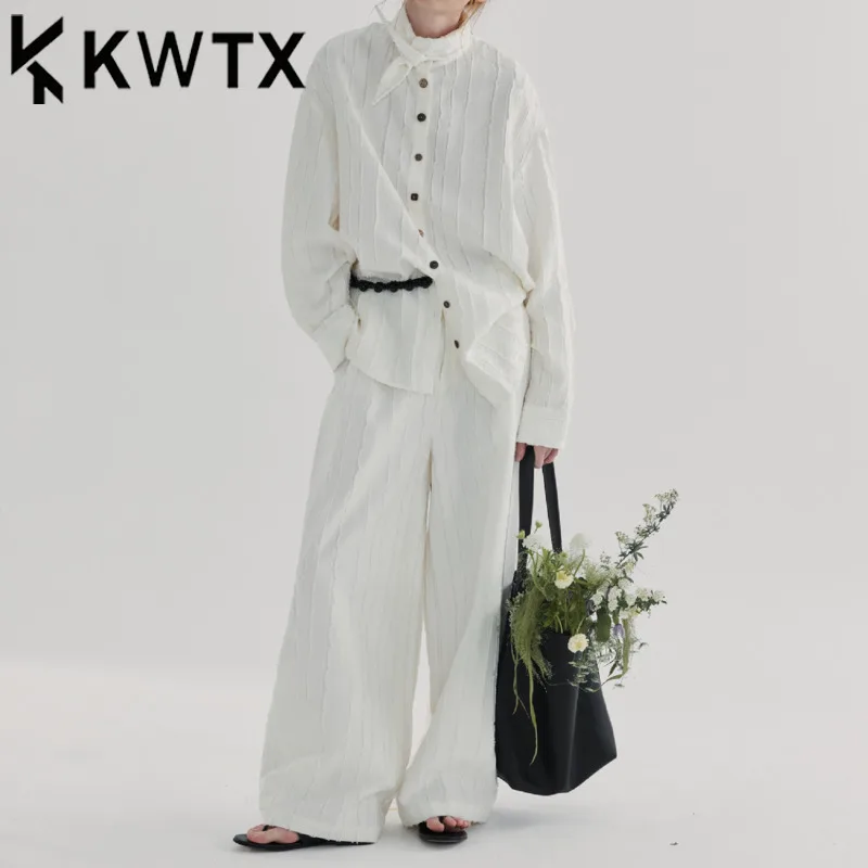 

KWTX 2025 Women’s Two Piece Set Vintage Textured Fabric Shirt Top & High Waist Wide Leg Pants Elegant Spring Summer Quality