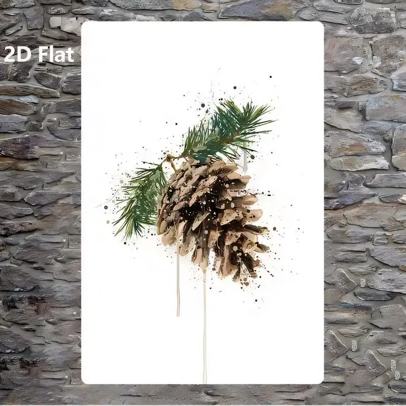 Pinecone & Pine Branch Watercolor Splatter Metal Wall Art - Iron, Artistic Design, Perfect for Home, Christmas/Winter Decor, Rus