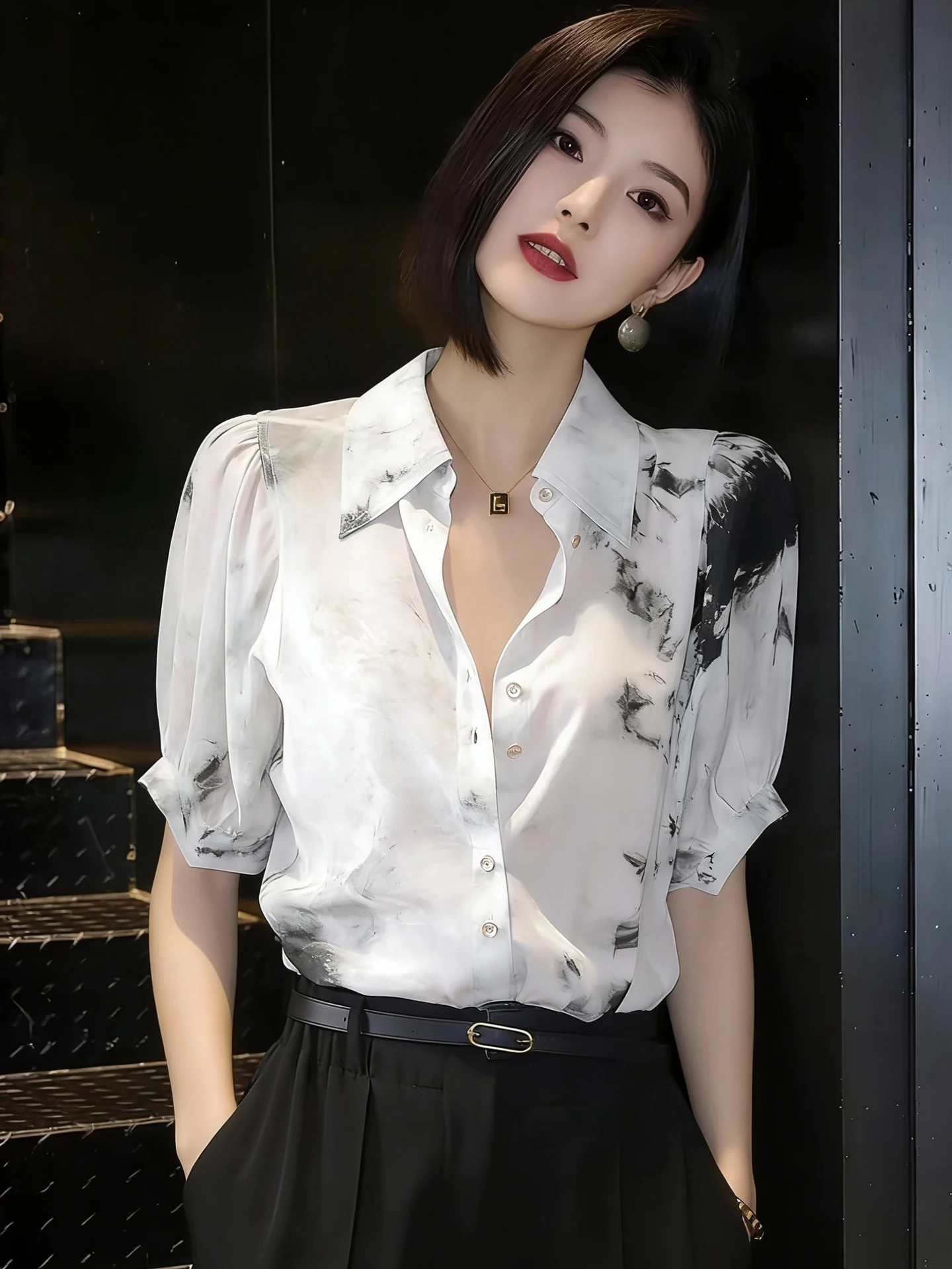 

Fashionable Short Sleeve Shirt Turn-down Collar Single Button Commute Design Sensation Unique Spring Summer Top Women's Silk