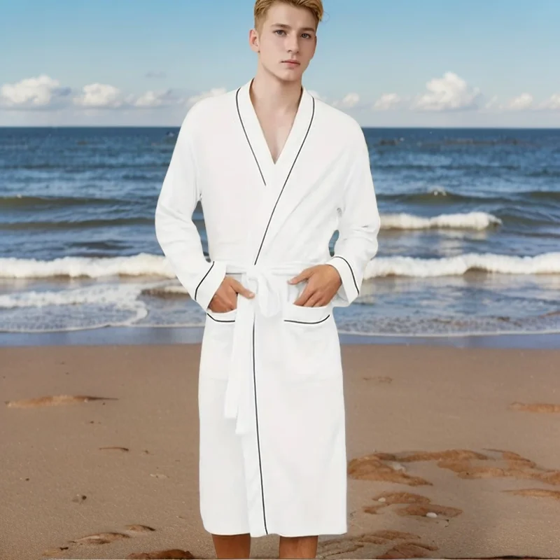 Bathrobe Men 100%Cotton Summer Pajamas Long Sleeves Pyjamas Night Robe Dressing Gown Male Silk Satin Kimono Bathrobe Sleepwear