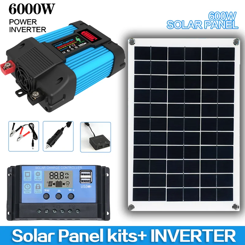 12V to 110V/220V Solar Panel System 600WSolar Panel Battery Charge Controller 6000W Solar Inverter Kit Complete Power Generation