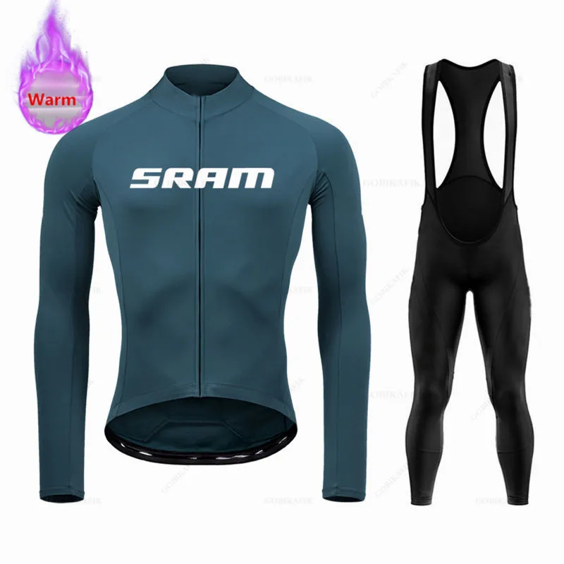 Sram Team Winter Long Sleeve Thermal Fleece Cycling Jersey Set Bib Pants Ropa Ciclismo Bicycle Clothing MTB Bike Jersey Uniform - view 6