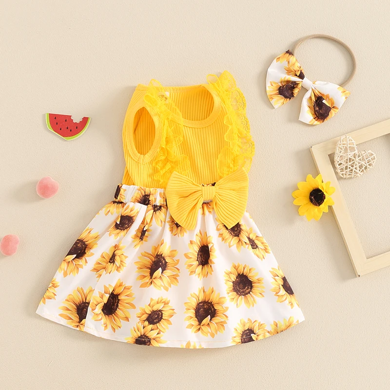 Baby Girls Rompers Dress Sunflower/Watermelon Print Bowknot Sleeveless Skirt Hem Bodysuits Summer Clothes with Headband