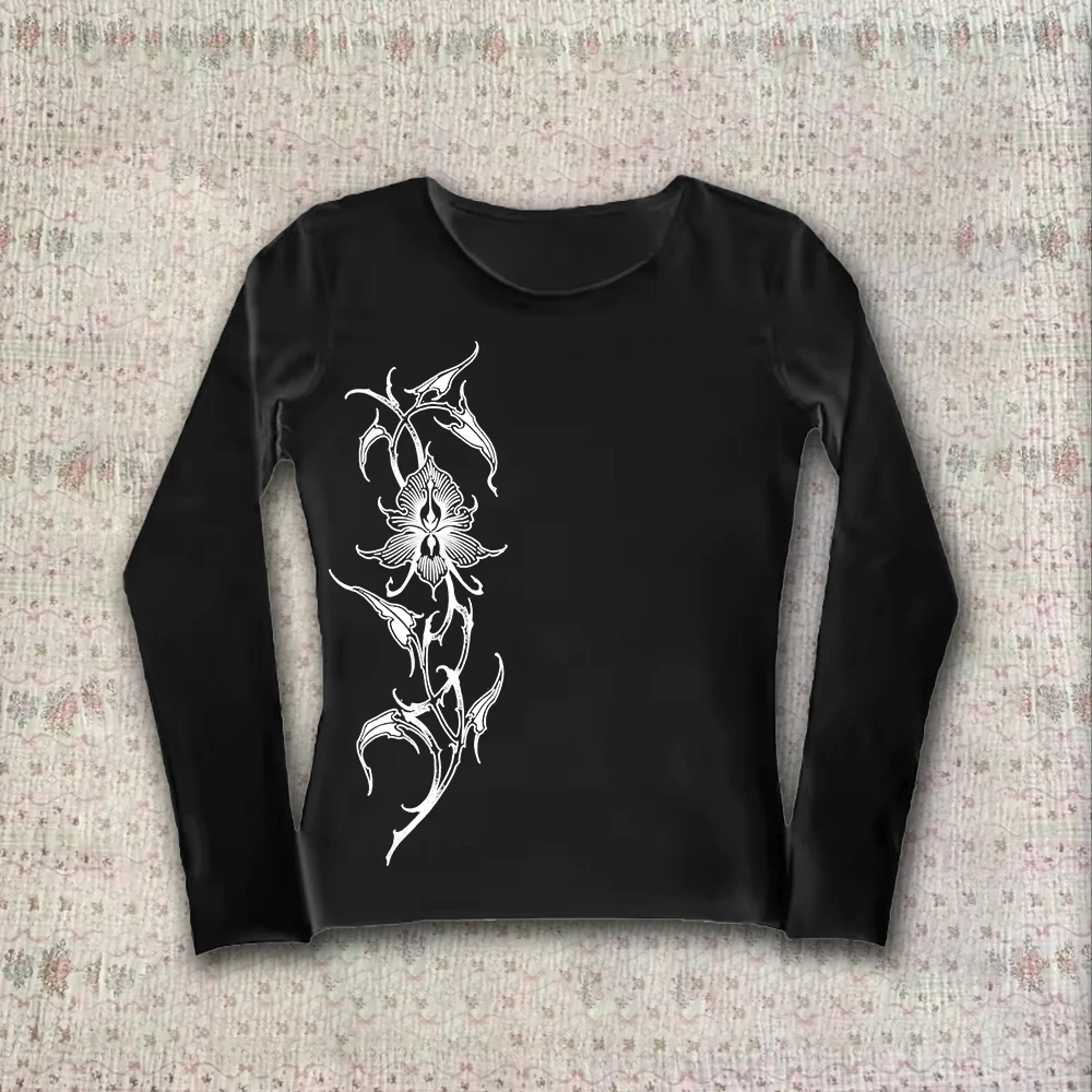 2000년대 아메리칸 고딕 레트로 90년대 에모 탑 일본 의류 Y2K 기하학 패턴 티셔츠 슬림핏 레트로 하라주쿠 긴팔 티셔츠