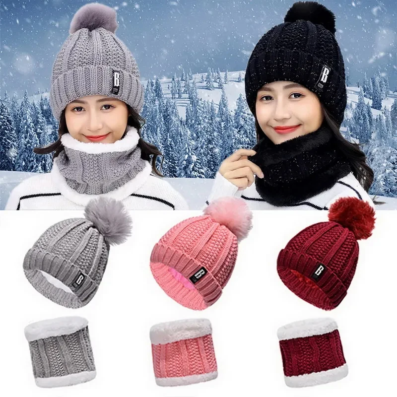 Knitted Scarf Hat Set Thick Warm Skullies Beanies Hats For Women Outdoor Cycling Riding Ski Bonnet Caps Scarfs Winter Gift