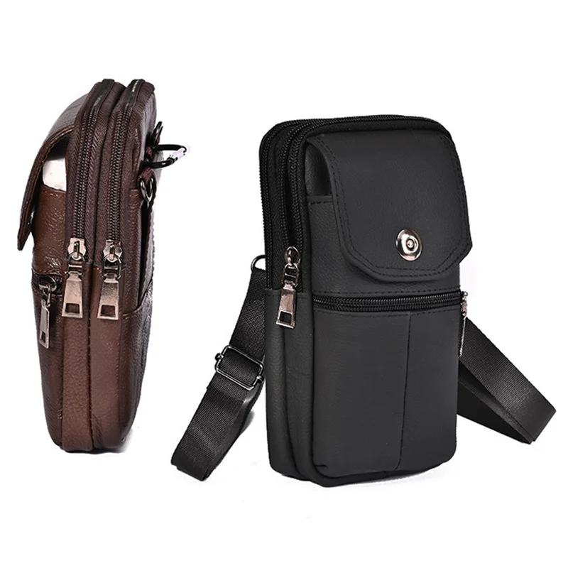 Men's Messenger Bag Cowhide Leather Bag Mobile Phone Pouch Pocket Wallet Male Small Travel Waist Bag Multi-Pockets Chest Bag