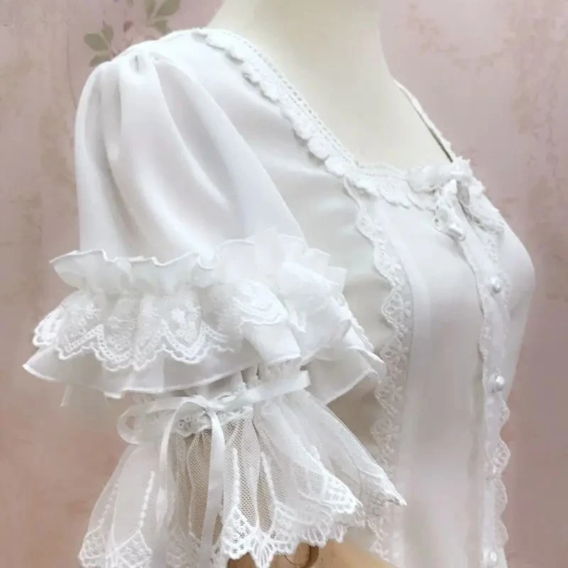 Elegant Y2K Vintage Lolita Style Blouses Women Square Neck Lace Half Flare Sleeve Shirt Female Sweet Fashion Button Tops New view 4