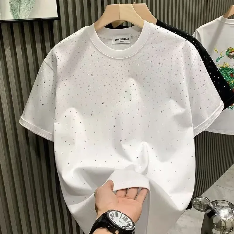 Summer Rhinestone Rivet T-shirt for Men Clothing Round Neck Casual T-shirt Fashion High Street  Men's Summer Short Sleeves
