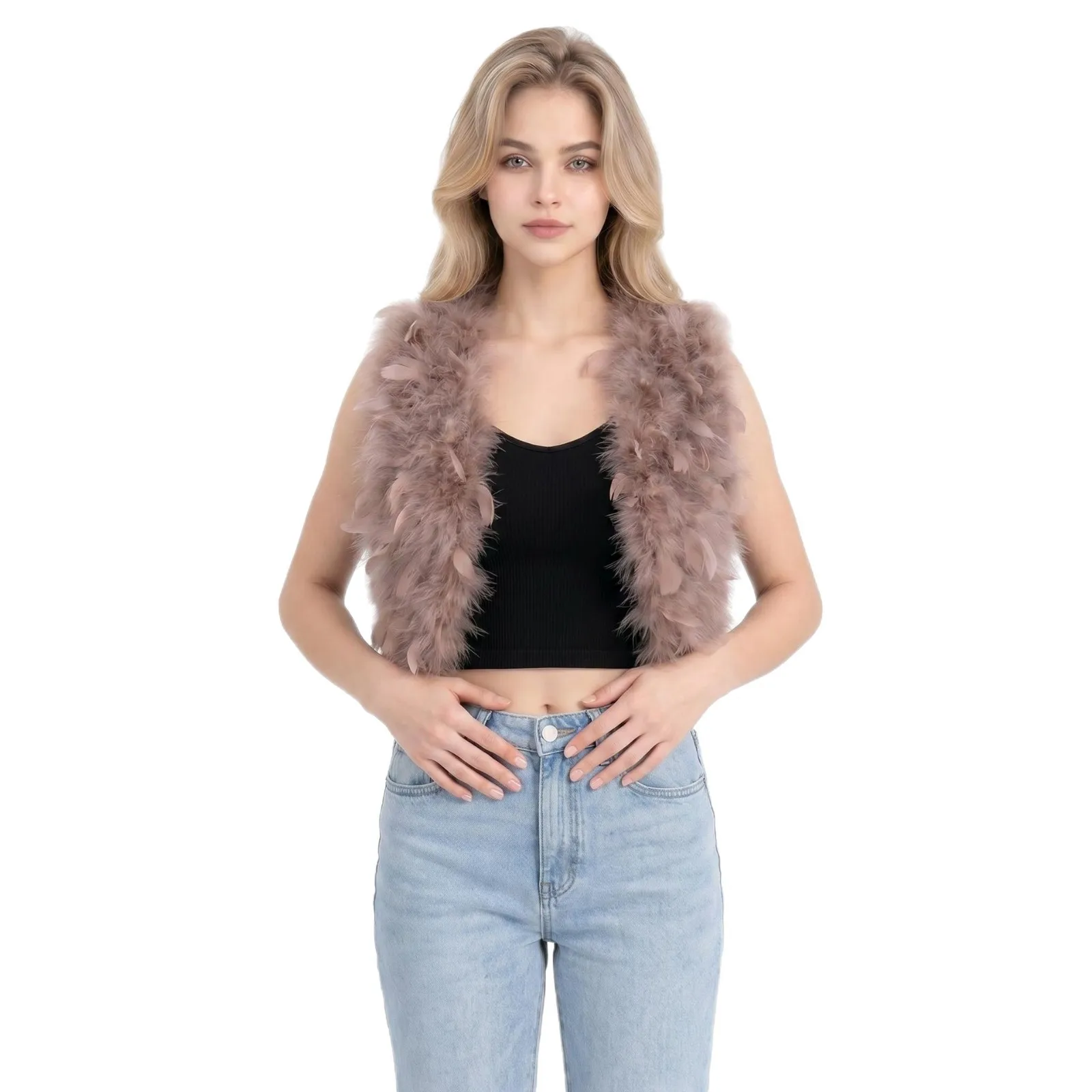 Hand-made Real Ostrich Turkey Fur Feather Vest Fluffy Design Short Women's waistcoat Spring Autumn Fashion Warm Jacket