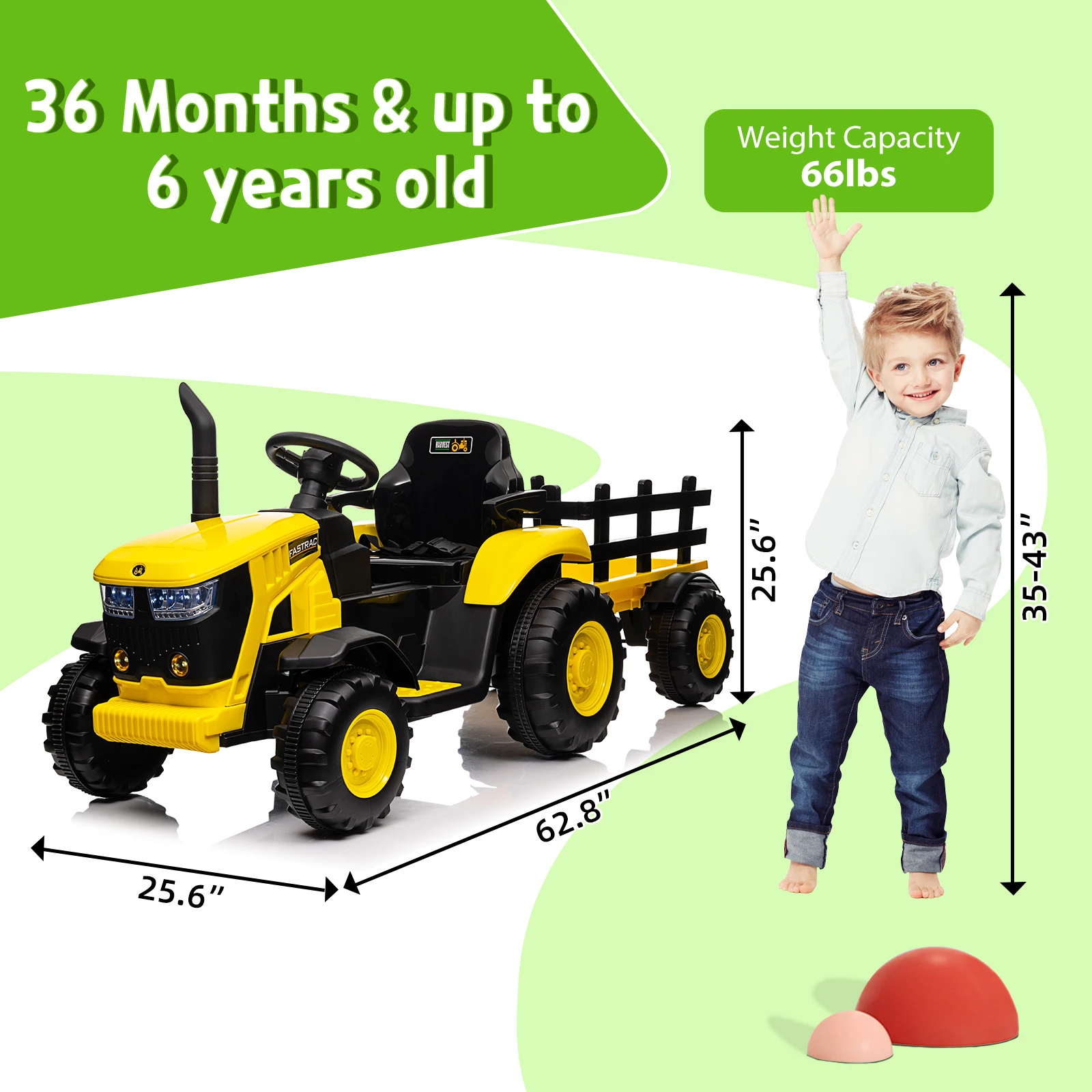 Kids Ride on Tractor with Trailer, 12V Battery Powered Electric Vehicle Toy with Remote Control, Music Startup Sound USB, LED Li