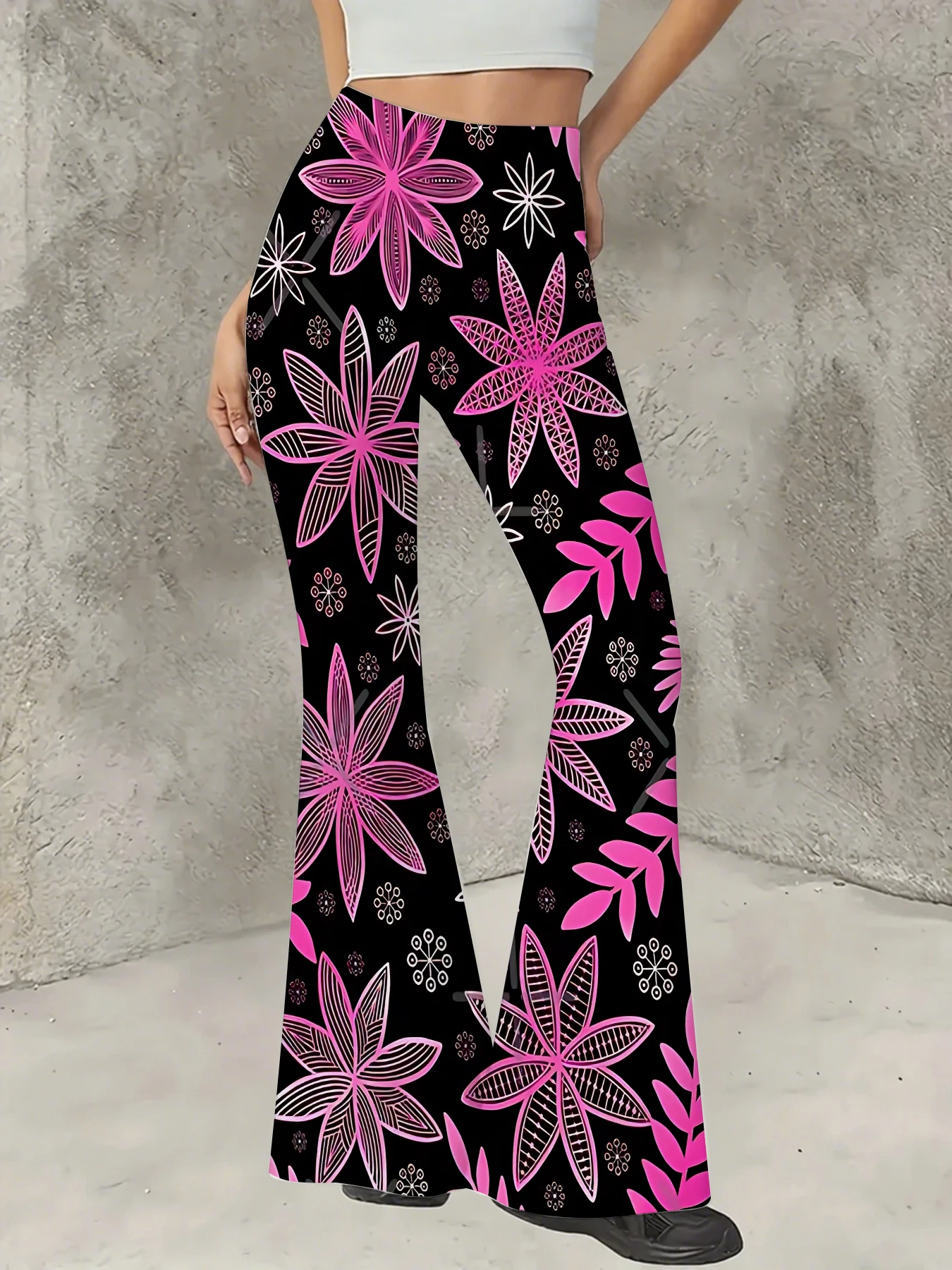 

Women's Boho Printed Flare Pants Vintage Knit High Waist Wide Leg Trousers