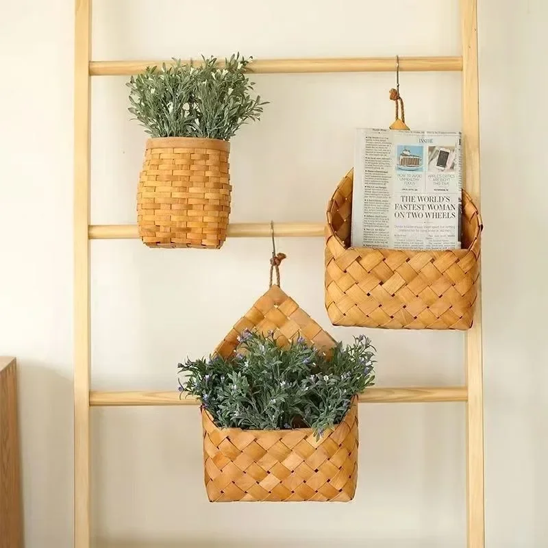 1Pc Wall Mounted Woven Hanging Basket Indoor Wooden Flower Pot Home Storage And Decoration Plant Holder For Balcony