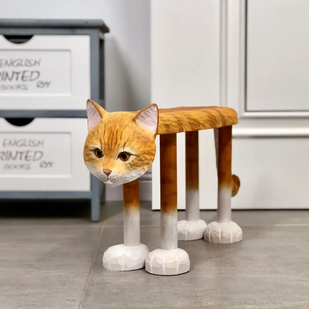 Solid Wood Hand Carved Medium Orange Tabby Cat Low Stool Coffee Table Stool Shoe Changing Stool