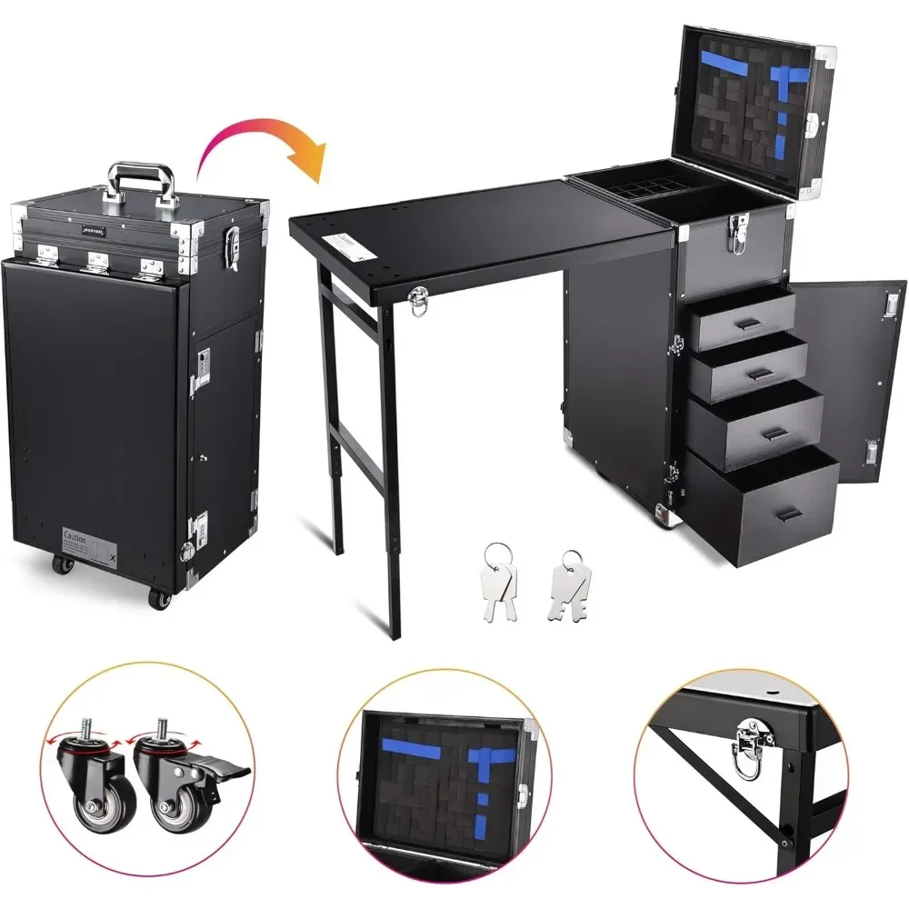 Rolling Manicure Table Foldable Nail Table Makeup Train Case with Desk Cosmetic Trolley Travel Storage Organizer with Drawers