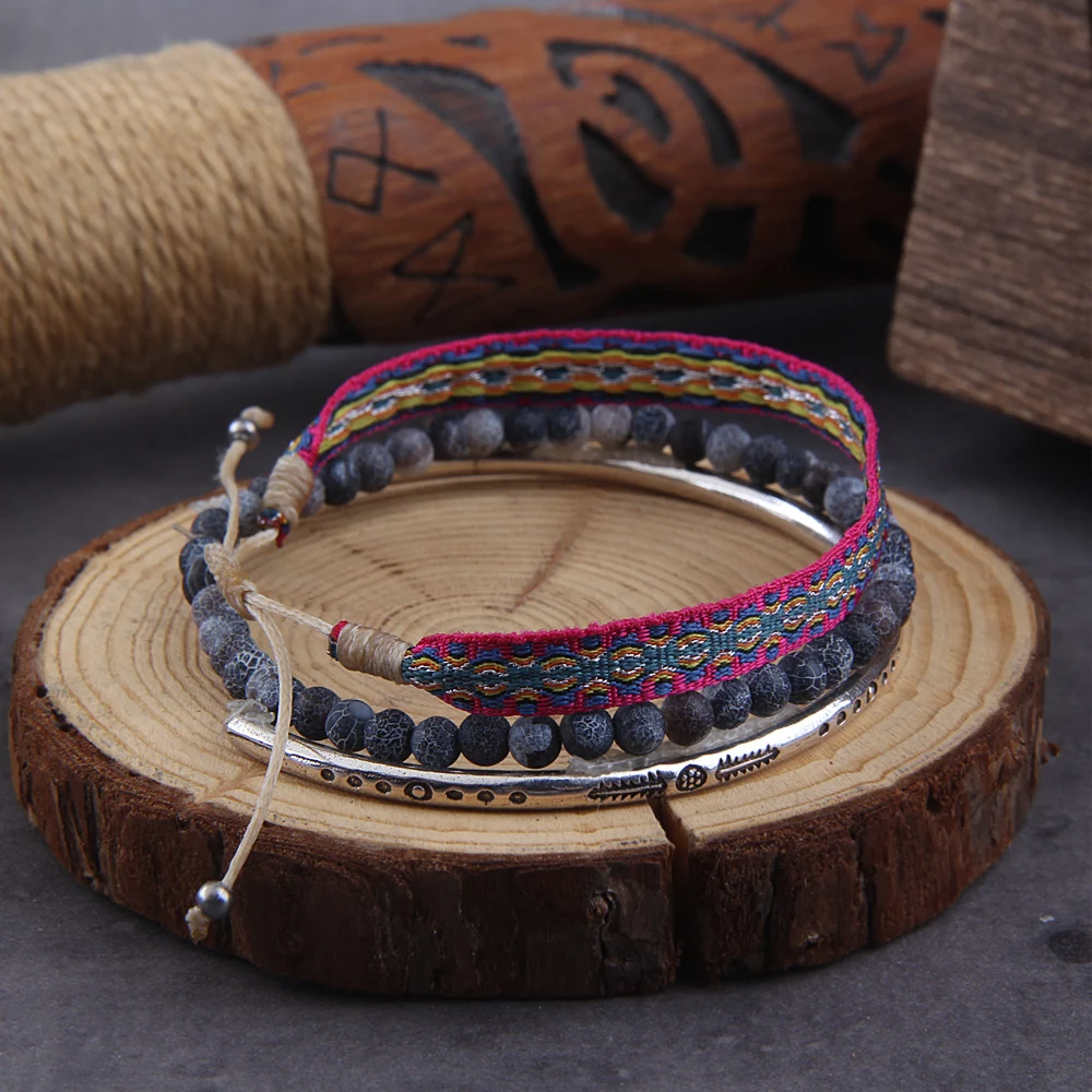 Tibetan Buddha Rope Chain Blue Natural Stone Weathered Beaded  For Men 3Pcs/ Set Silver Plated Adjustable Bracelet  Jewelry Gift