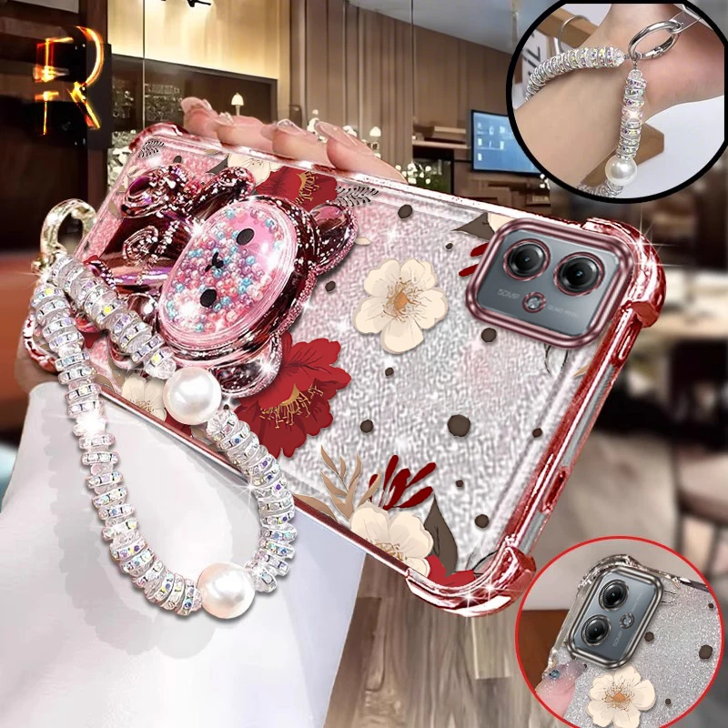 

G54 Red flowers prints Bracelet Holder Phone Case For Motorola G84 G52 G30 G82 G54 G20 G71S G10 G54Powe G64 Cover