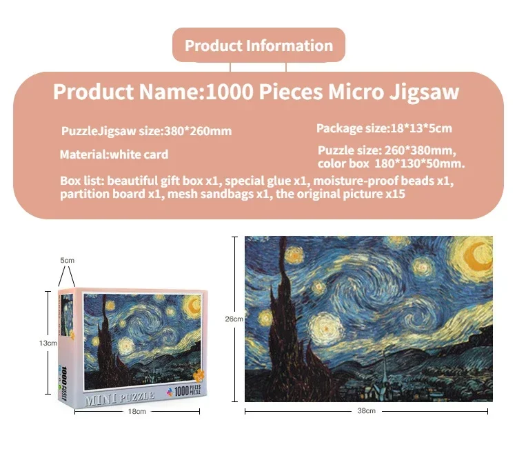38*26Cm Mini Puzzel 1000 Stuks Voor Volwassenen Beroemde Schilderij Landschap Speelgoed Familiespel Huisdecoratie Festival Aanwezig
