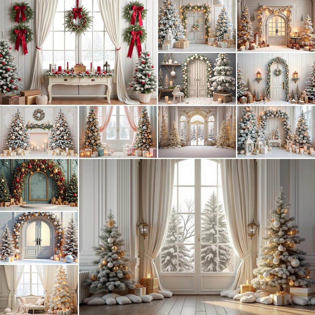 MOON.QG Fondo fotográfico clásico de Navidad para interiores, coronas, árboles, lazos rojos, retrato de fondo, cabina de estudio para bebé, accesorios de tiro