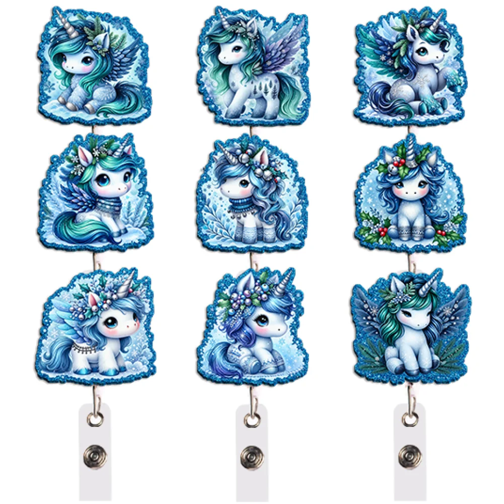Magical Ice Pegasus Badge Reel Set Retractable Holder with Clip for Winter Party Cosplay Gift