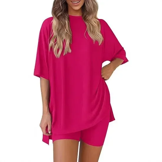 

2025 Spring Summer Loose Fashion Solid Color Casual Short Sleeve Shorts Set with Pocket Two Piece Suit Polyester Fiber