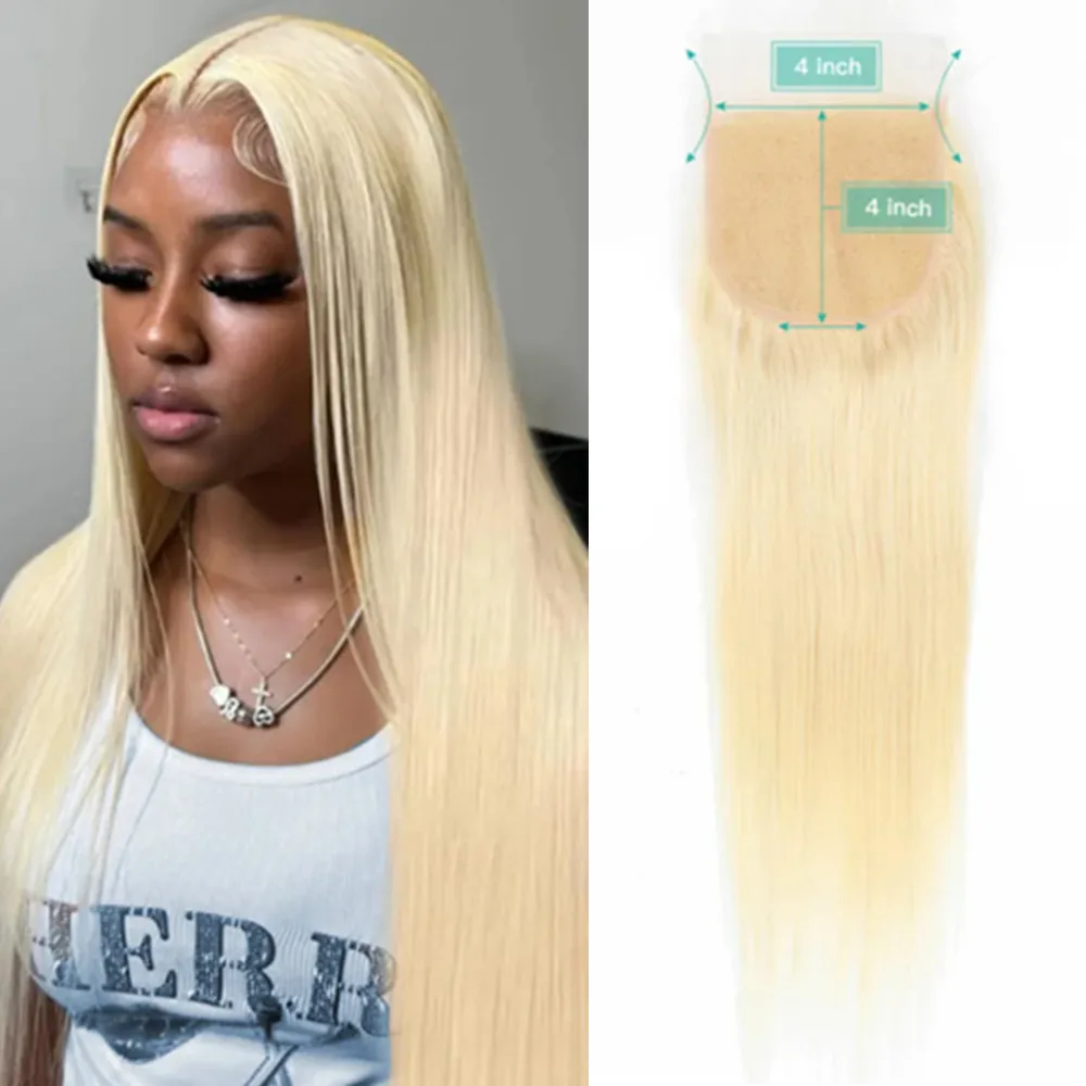 

12-22inch 613 blonde color short 4x4 Lace Frontal Human Hair Transparent Lace Straight Natural Hairline Closure