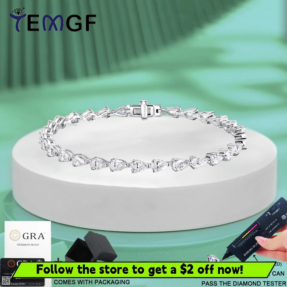 

TEMGF Full Pear Cut Moissanite Bracelet 925 Sterling Silver Chain for Women Wedding Sparkling luxury Fine Jewelry GRA Certified