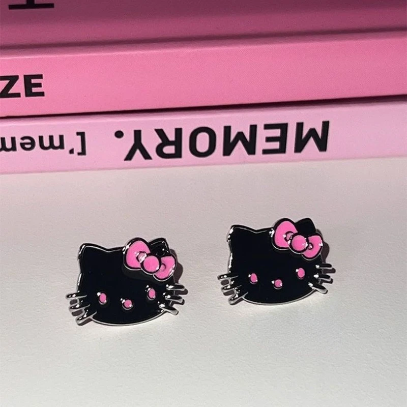 Sanrio Hello Kitty Sweet Children's Cute Girls Fashionable and Versatile Cartoon Creative Non-pierced Black and Silver Ear Clips