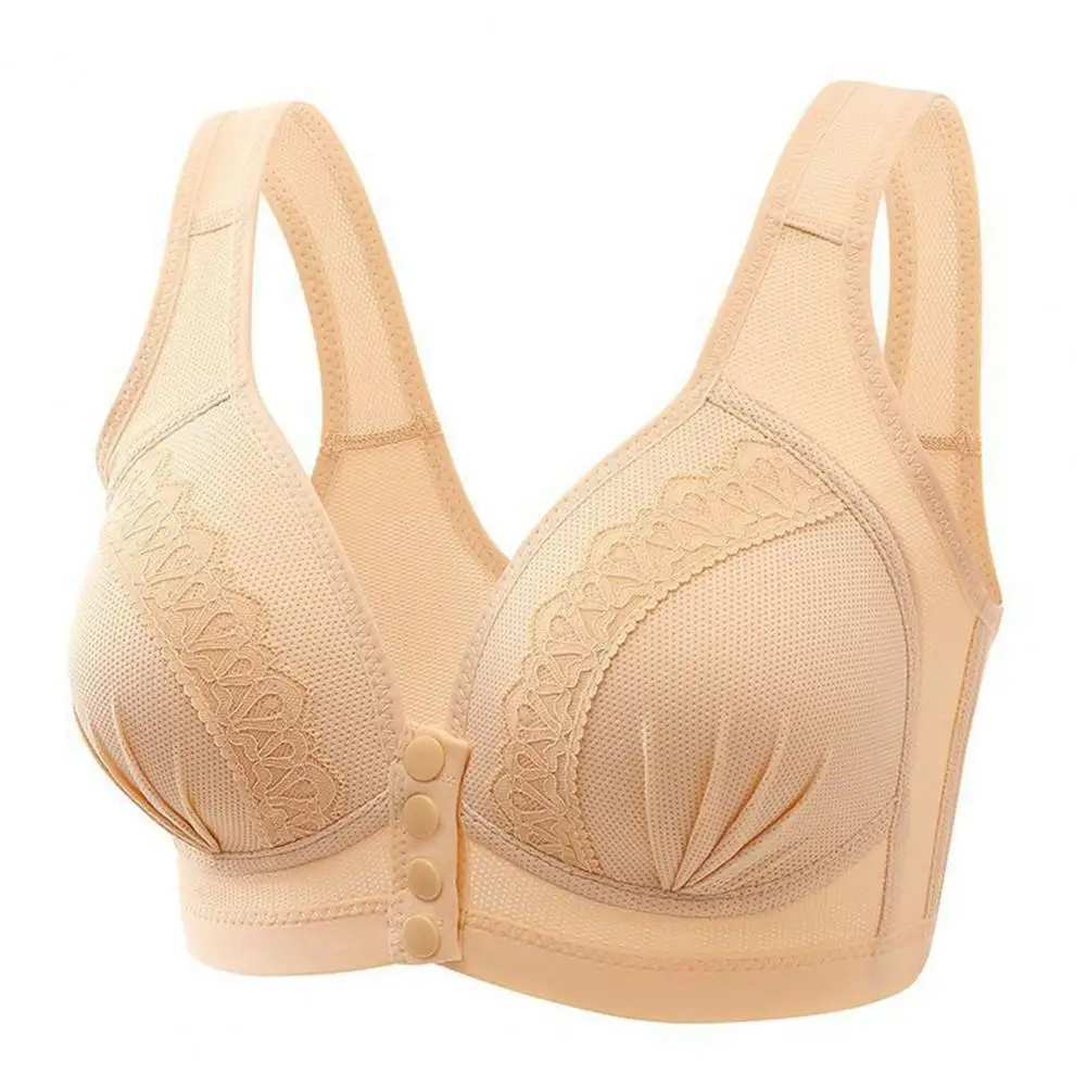 Middle-Aged Mother Thin Underwear Women Lace Stitching Gathered Bra Wide Straps Wireless 3/4 Cup Bra Front Button Brassiere