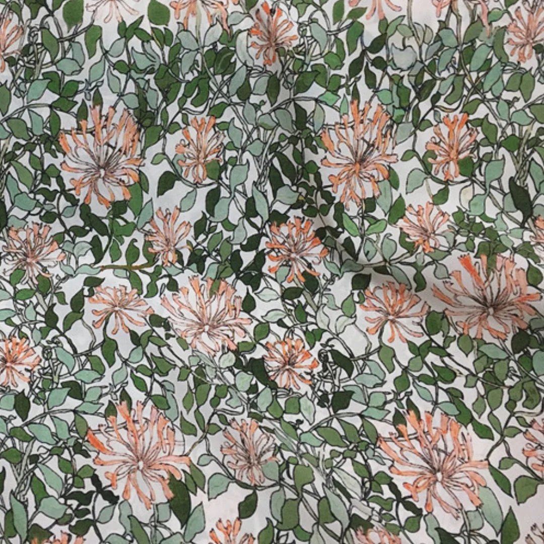 

1 meter 95% Mulberry Silk 5% Spandex 16 momme Crepe Silk Fabric Green Leaf with Floral Printed 133cm 52" wide by the yard XL028