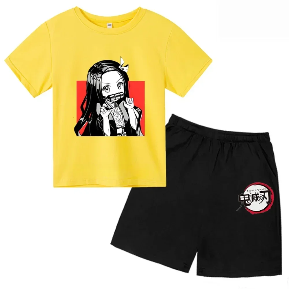 Brand Anime Demon Slayer Kamado Nezuko Print Kids Cotton T-Shirts Shorts Set Girls Clothes Baby Boys 2024 Summer Children Set