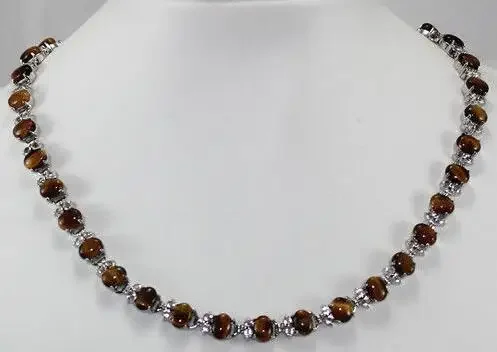 2 styles! fine 6*8mm natural tiger eye stone bead 18KGP link necklace 17 inch