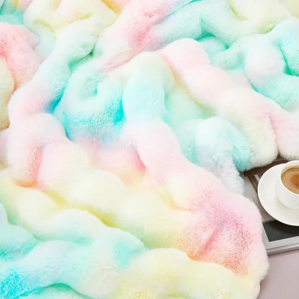Queen Size 80x90 Rainbow Fuzzy Rabbit Fur Blanket, Plush and Cozy for Winter