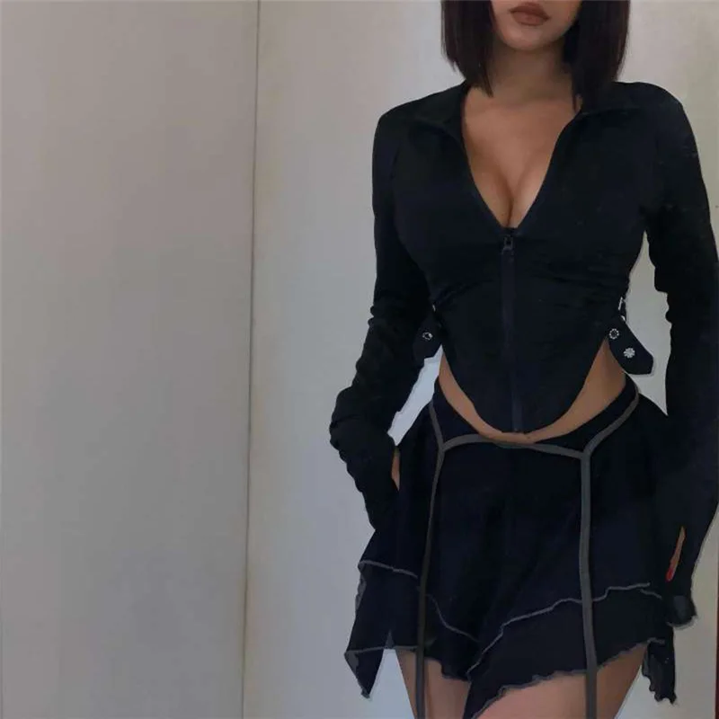 Black Prom Dress 2 Pieces Set Autumn Full Sleeves Top+Short Mini Party Evening Gown Robes Party Skirt Daily Streetwear In Stock