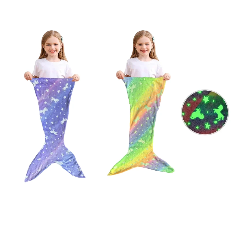 2 Pieces Night Glow Mermaid Tail Blanket Wearable Glittering Soft Flannel Blanket for All Seasons 23X31 Inch New Year's Gifts