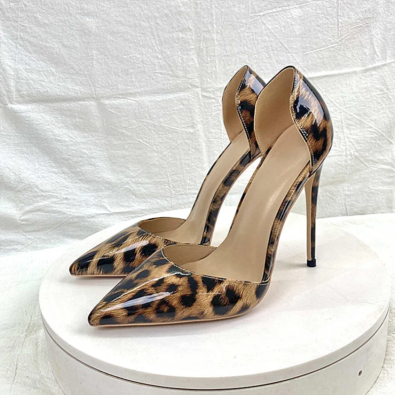 Keshangjia Glossy Leopard Women Pointy Toe Side Cut High Heel Shoes for Party Dress Sexy Ladies Evening Dress Stiletto Pumps