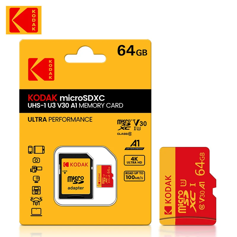 Карта KODAK Micro SD RED Карта памяти с адаптером 64 ГБ MicroSDHC 64 ГБ MicroSDXC MicroSD 64 ГБ C10 A1 TF Флэш-карты Cartao De Memor