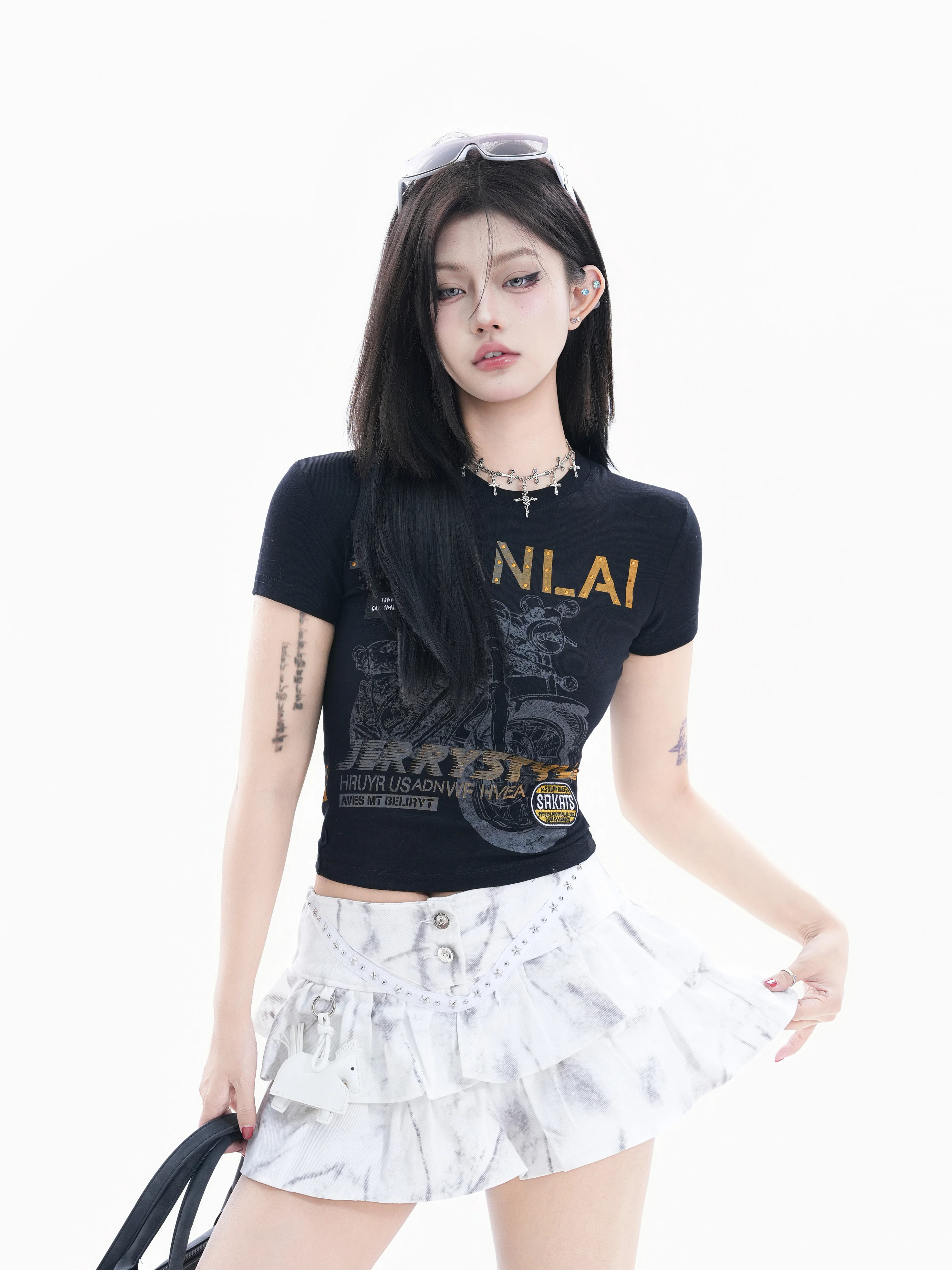 

American Style Short Sleeve Motorcycle Print T-Shirt Women Slim Fit Belly Show Vintage INS Top Cotton Elastic Fiber